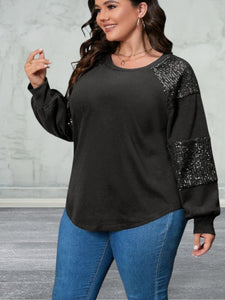 Plus Size Sequin Crew Neck Long Sleeve Top