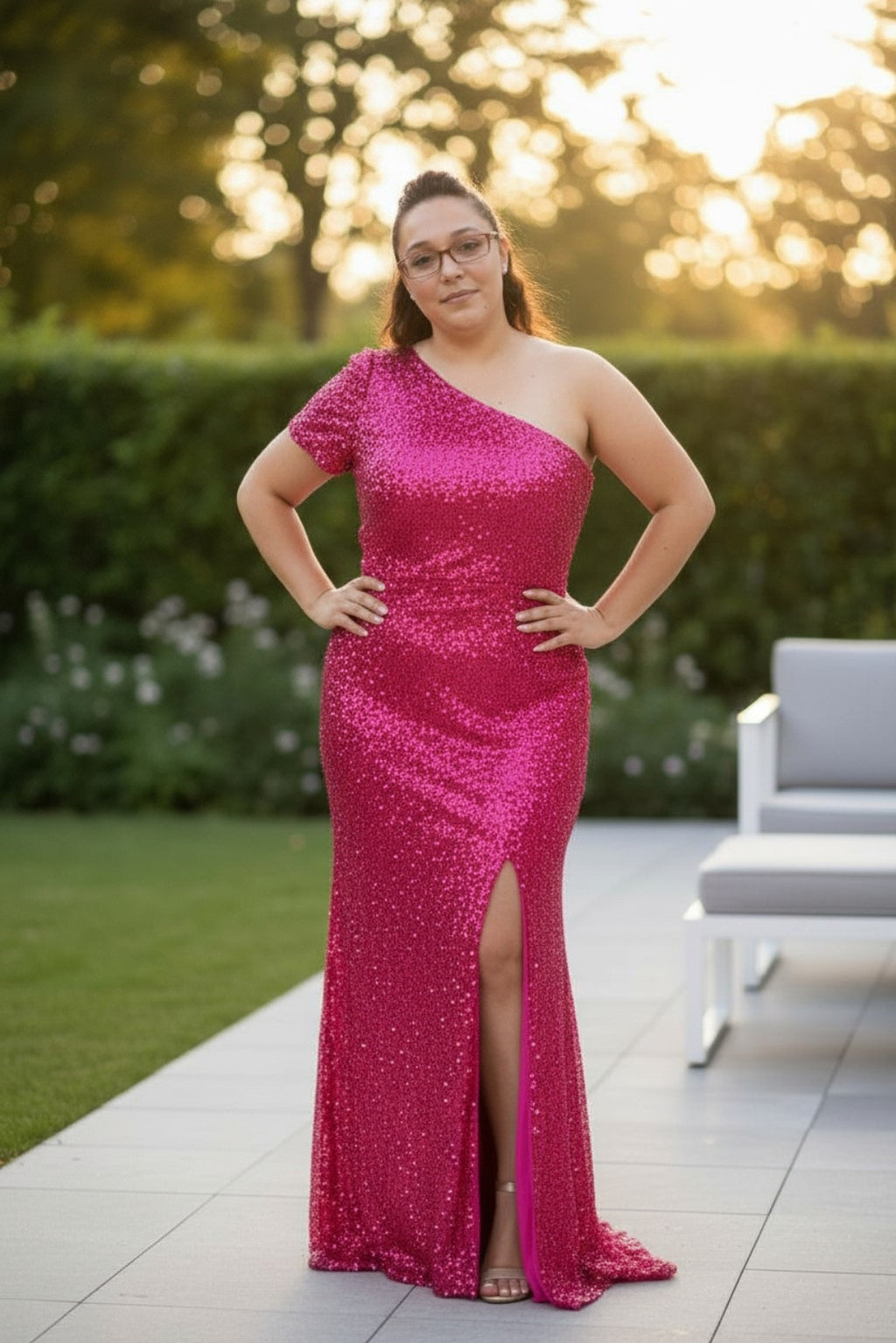 Pink One Shoulder Thigh High Split  Sequin Gown