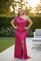 Pink One Shoulder Thigh High Split  Sequin Gown