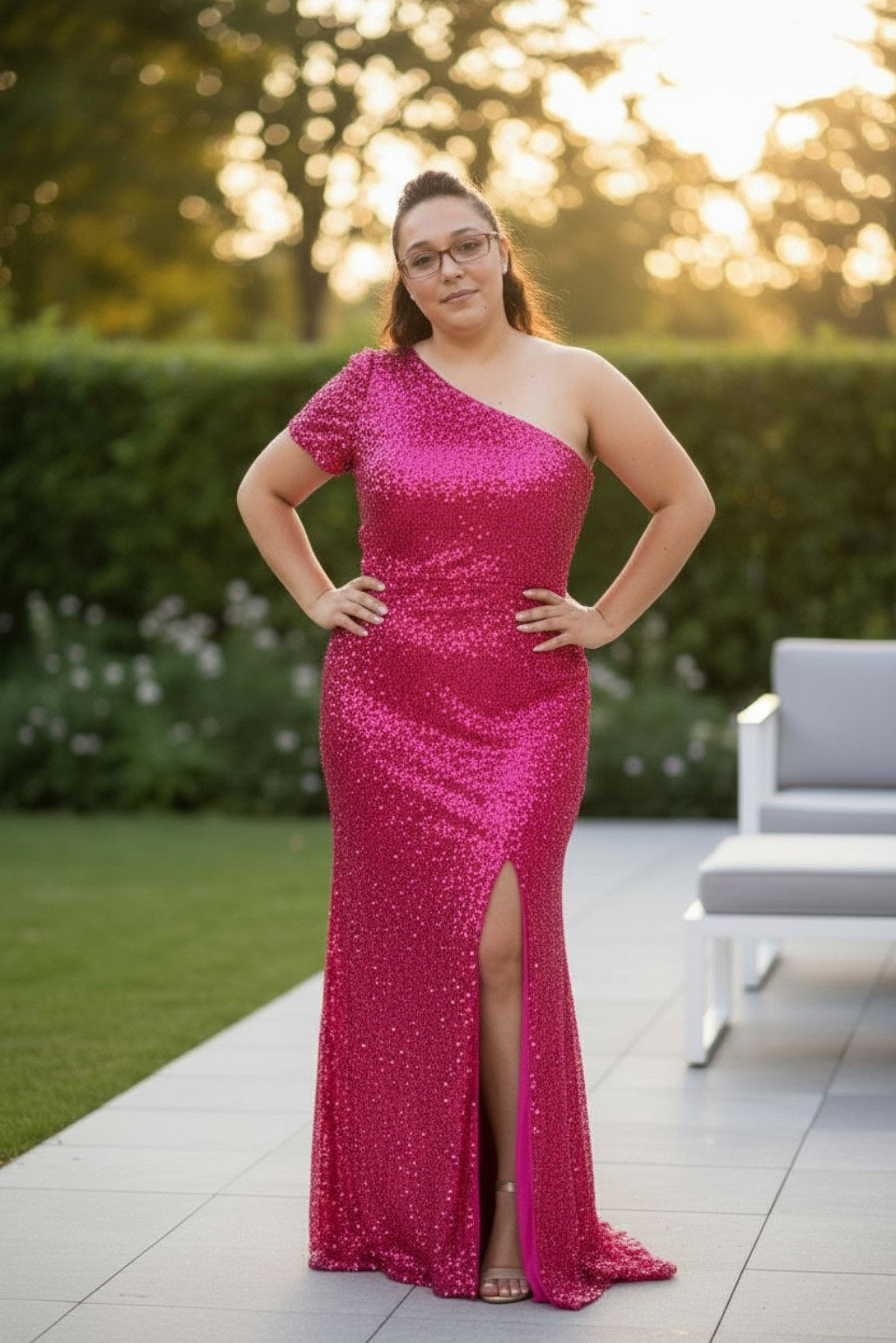Pink One Shoulder Thigh High Split  Sequin Gown