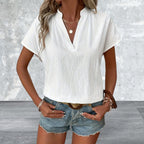 Short Sleeves Notched V-Neck Casual Blouse