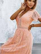 Short Sleeve V Neck High Waist Lace Maxi Dress