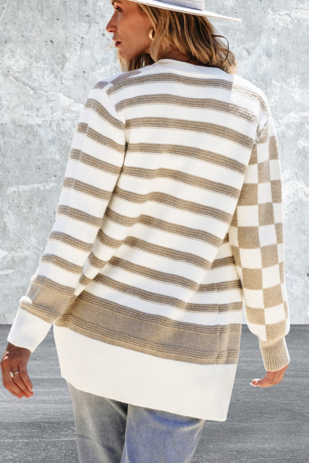 Smoke Gray Open Front Striped Knitted Cardigan
