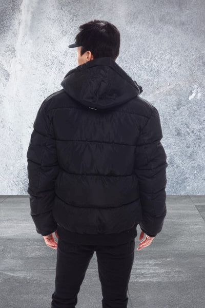 Mens Black Bomber Removable hood Jacket