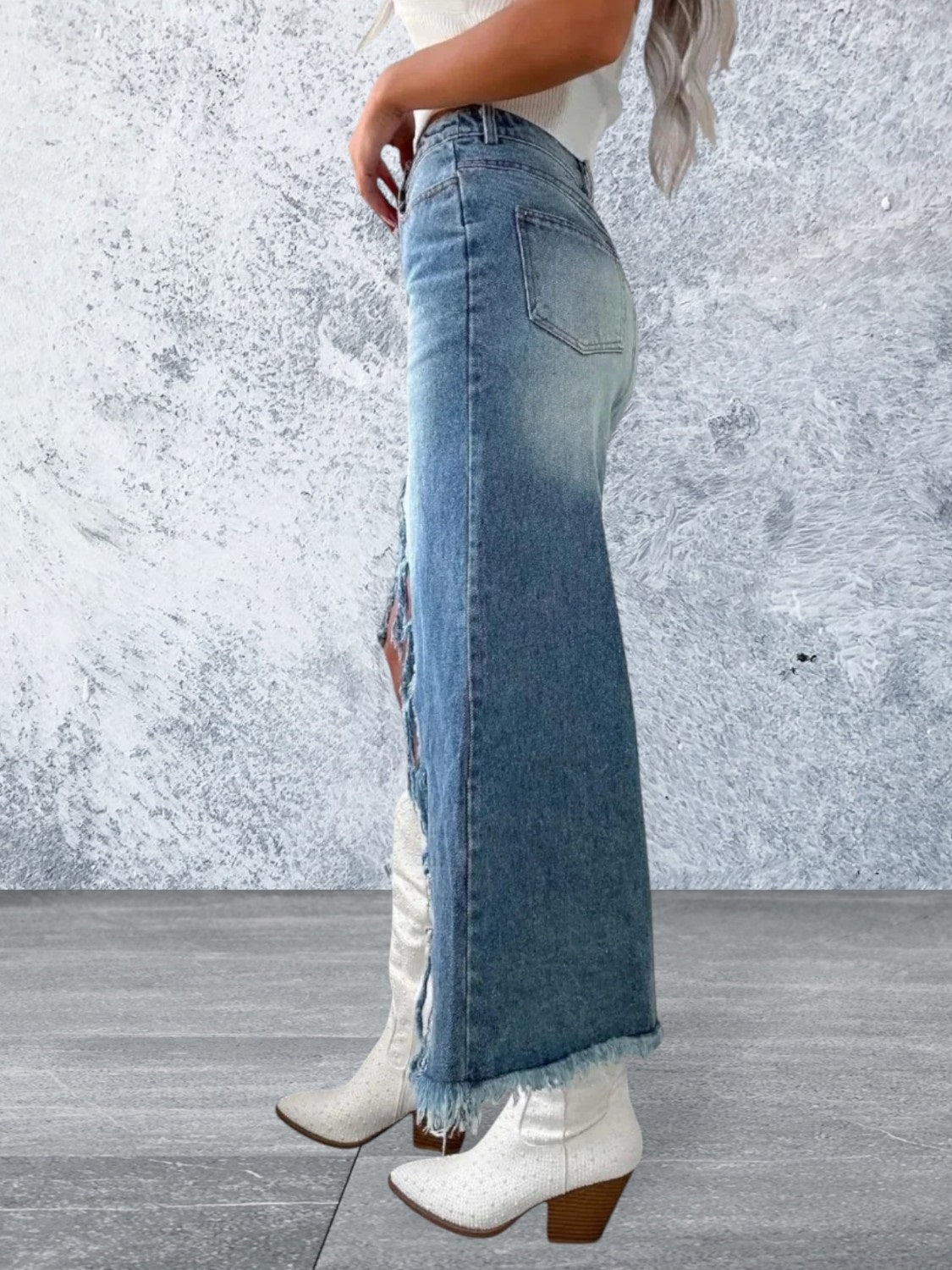 High Waist Raw Hem Asymmetry Denim Skirt