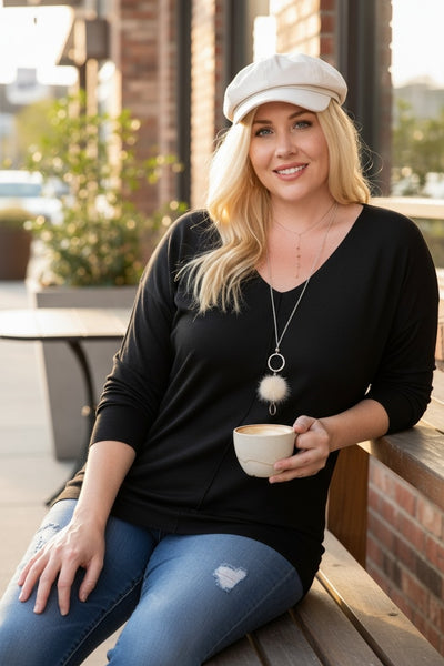 Plus Size V Neck 3/4 Sleeve Side Slit Sweater