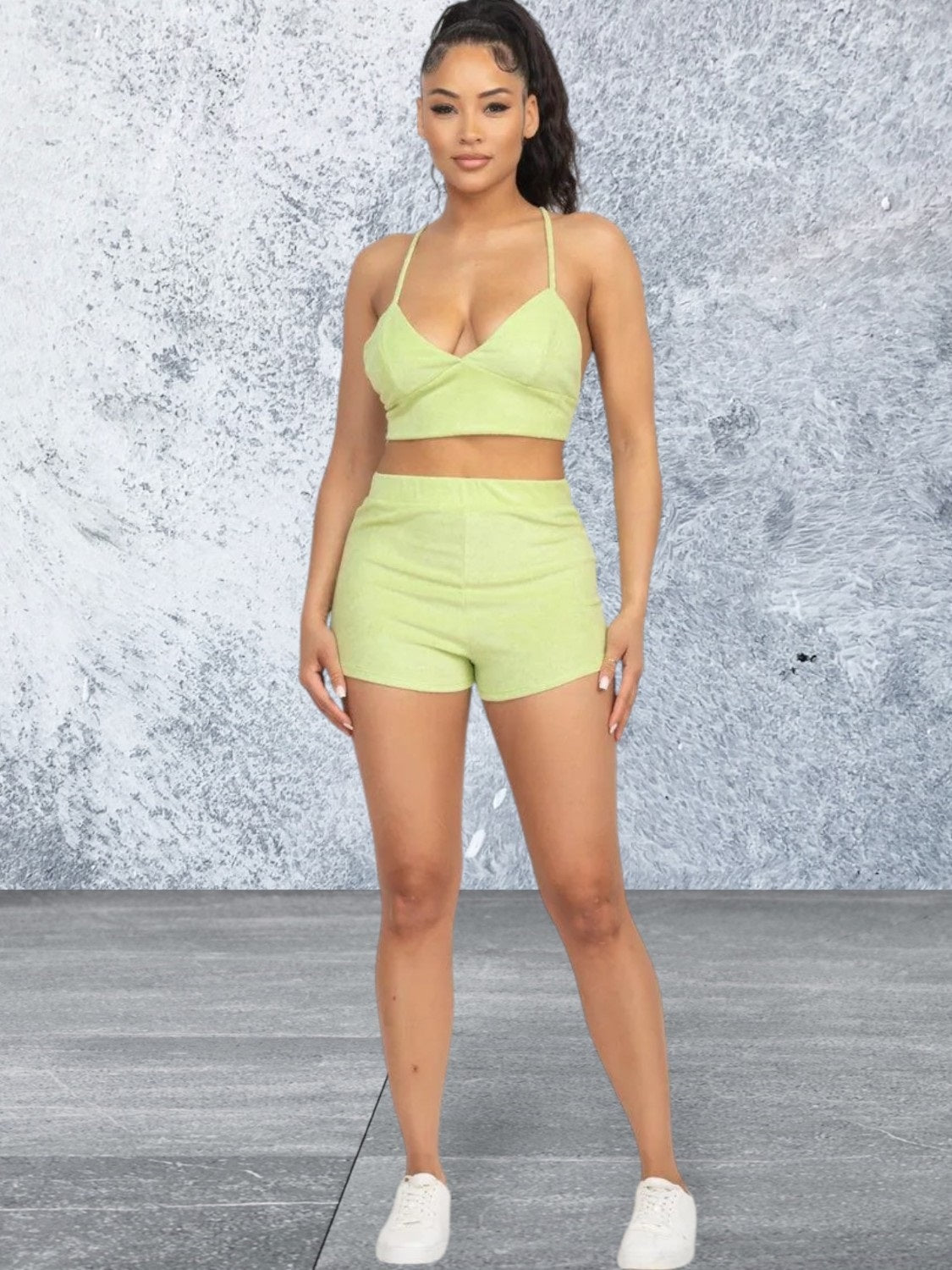 Lime Terry Towel Bralette Top & Mini Shorts Set