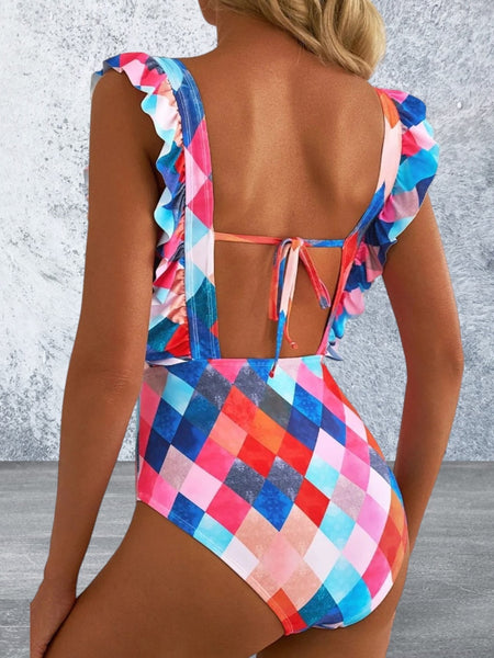 Square Neck Ruffled Tied Backless One-Piece Swimwear