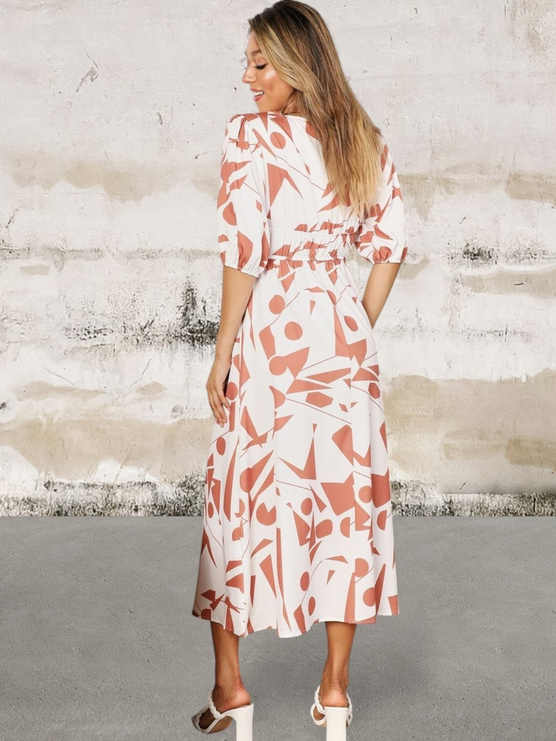 Printed Surplice Balloon Sleeve Dress