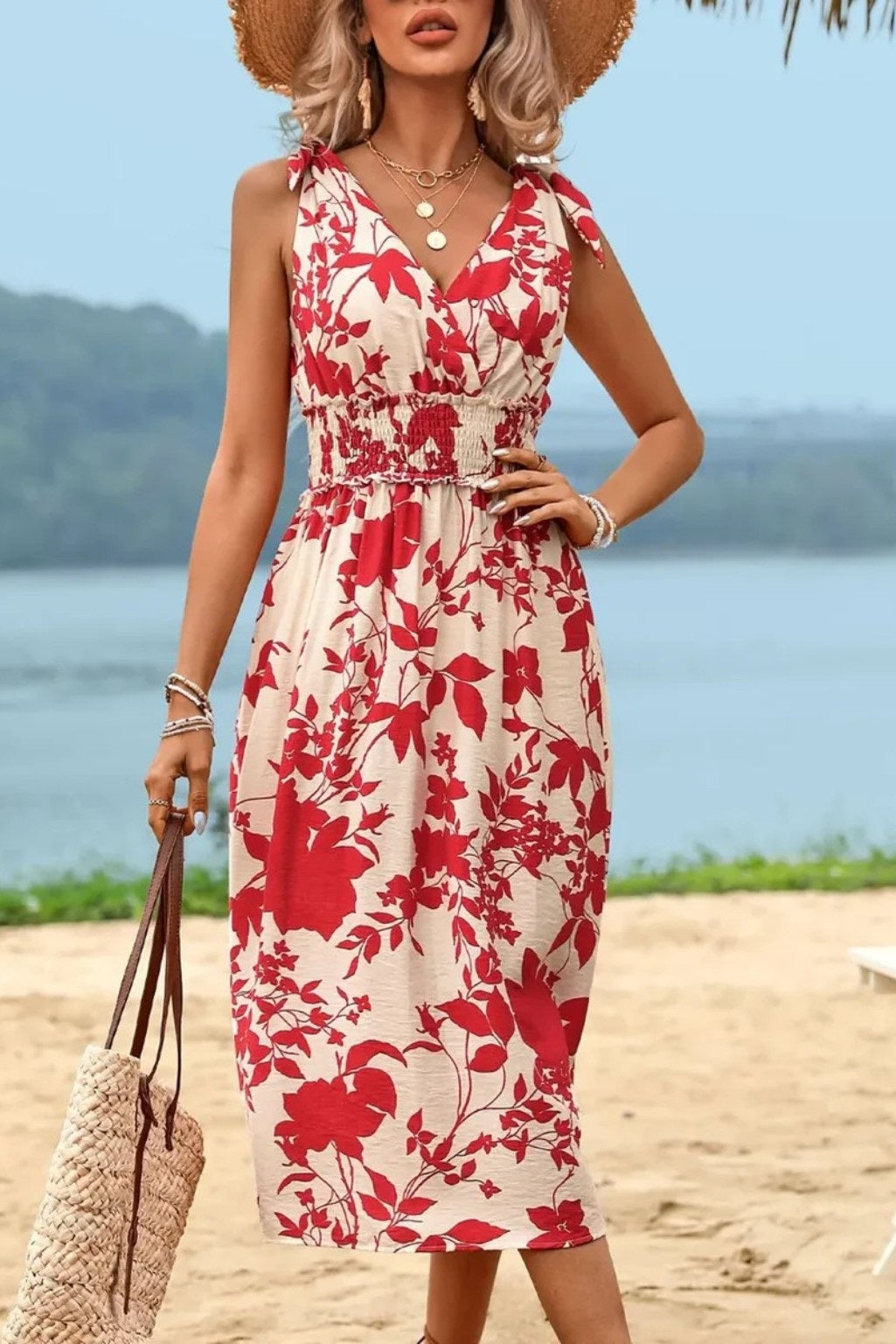 Sleeveless Perfee Smocked Printed Surplice Midi Dress