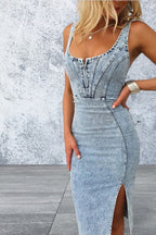Sleeveless Scoop Neck Side Slit Denim Dress