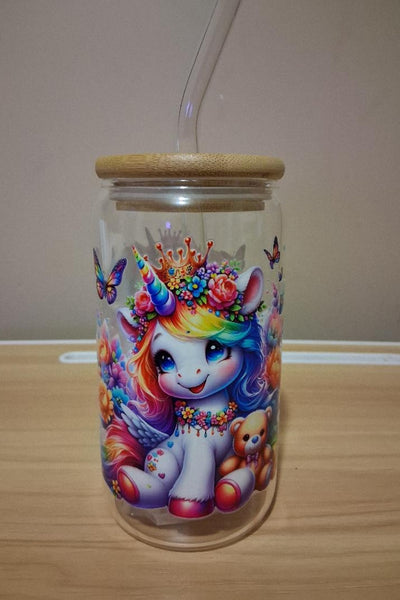 Glass tumbler with a unicorn design bamboo lid  and straw 
