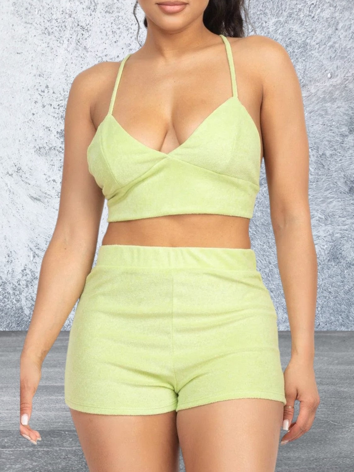 Lime Terry Towel Bralette Top & Mini Shorts Set