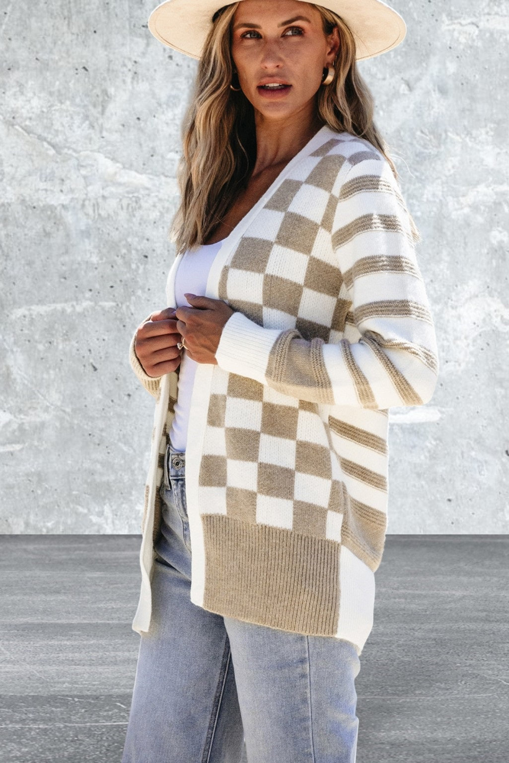 Smoke Gray Open Front Striped Knitted Cardigan