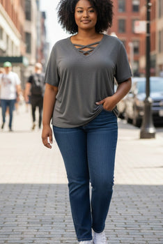 Plus Size Short Sleeve Dark Gray Crisscross V-Neck Top