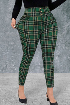 Plus Size Front Button Allover Plaid Print Casual Pants