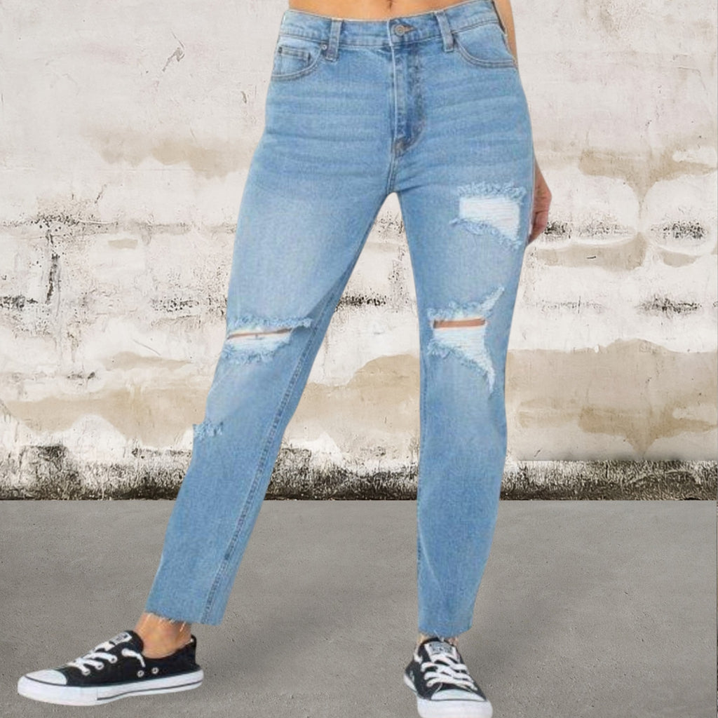 Women's junior high rise touch of stretch denim ripped jeans