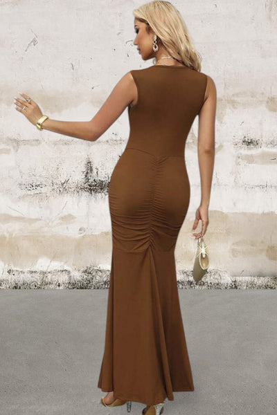 Sleeveless Ruched Round Neck Cross Wrap Dress