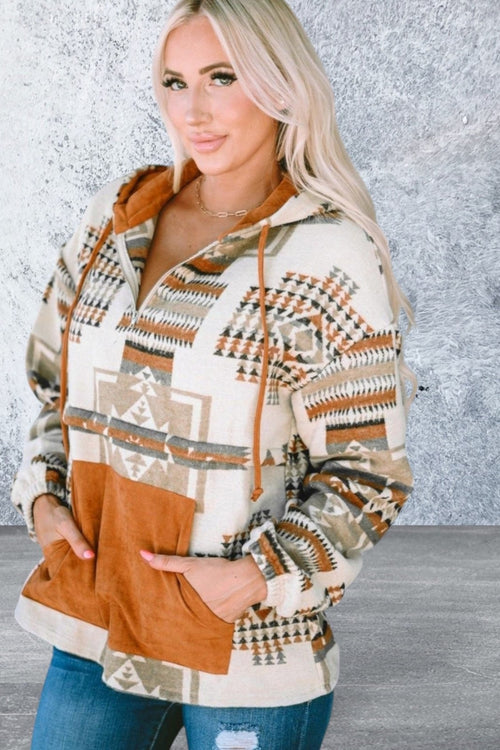 Beige Kangaroo Pocket Half Zip Hoodie