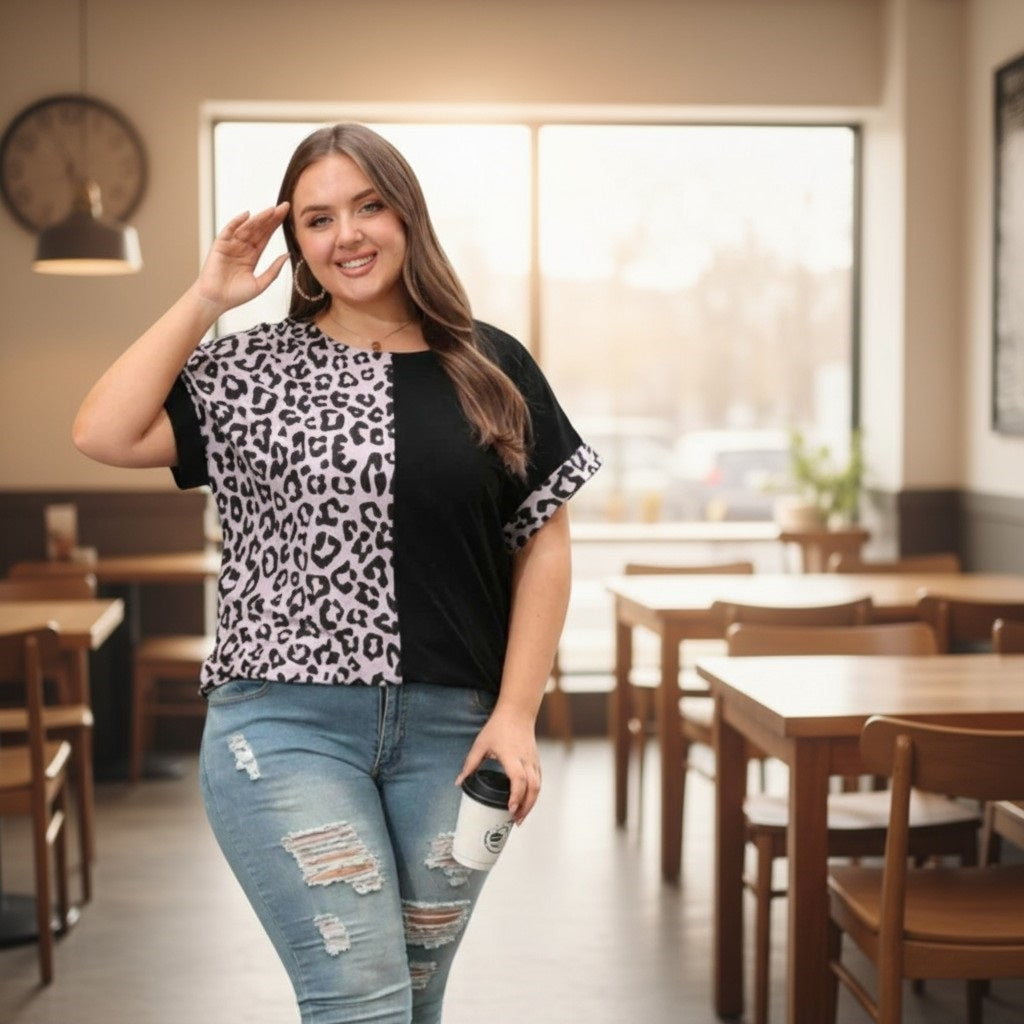 Plus Size Black Half Leopard Patchwork Top