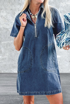 Short Sleeve Zip up Collared Shift Mini Denim Dress