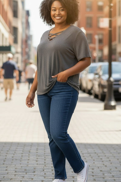 Plus Size Short Sleeve Dark Gray Crisscross V-Neck Top