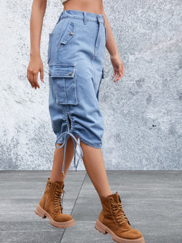 Drawstring Denim Skirt with Cargo Pockets