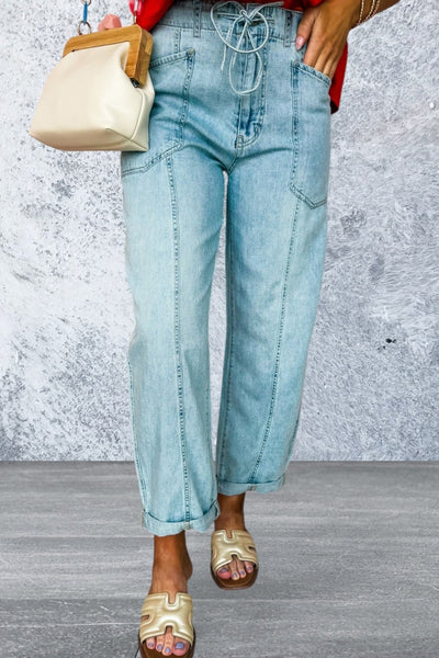 Myosotis Exposed Stitch Detail Drawstring Barrel Jeans