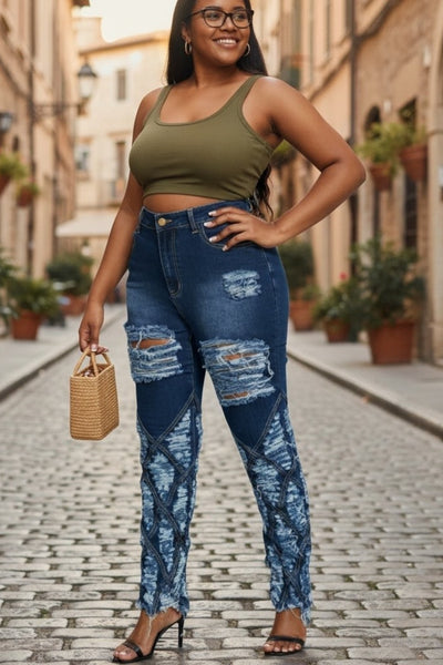 Dark wash high waist ripped skinny jeans