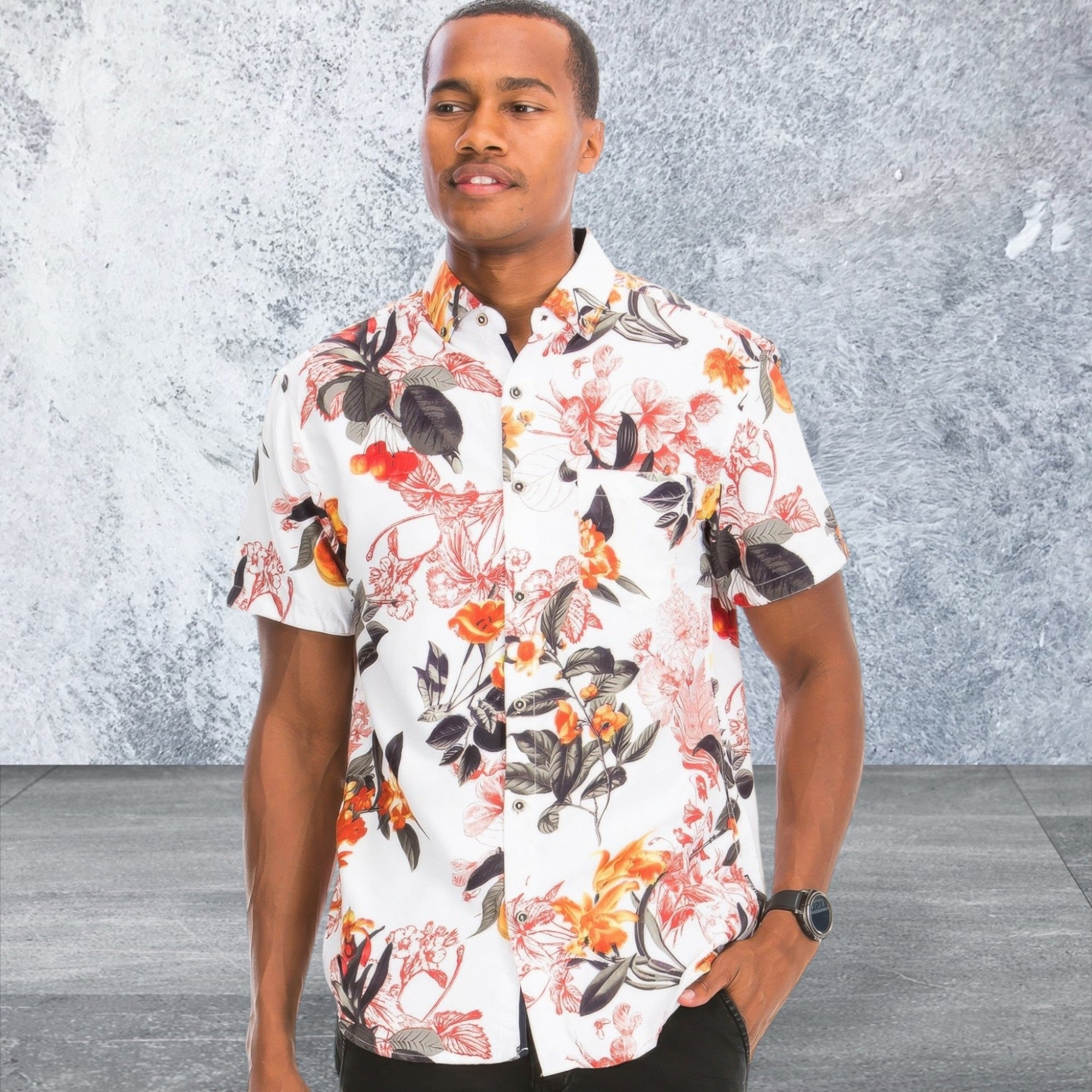 Men's Tropical Print Button Down Short Sleeve Shirt