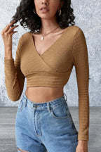 Solid Surplice Neck Long Sleeve Crop Top