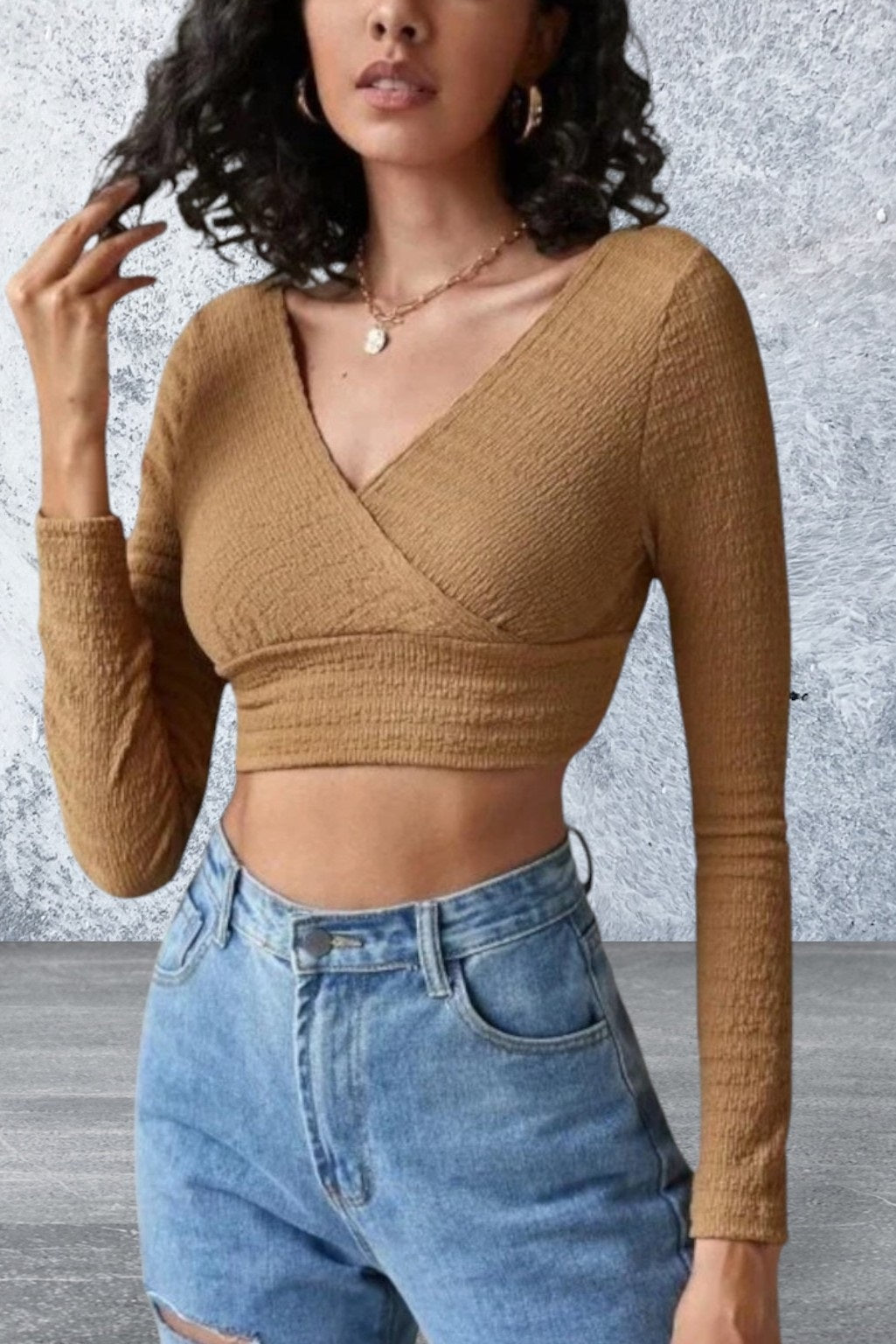 Solid Surplice Neck Long Sleeve Crop Top