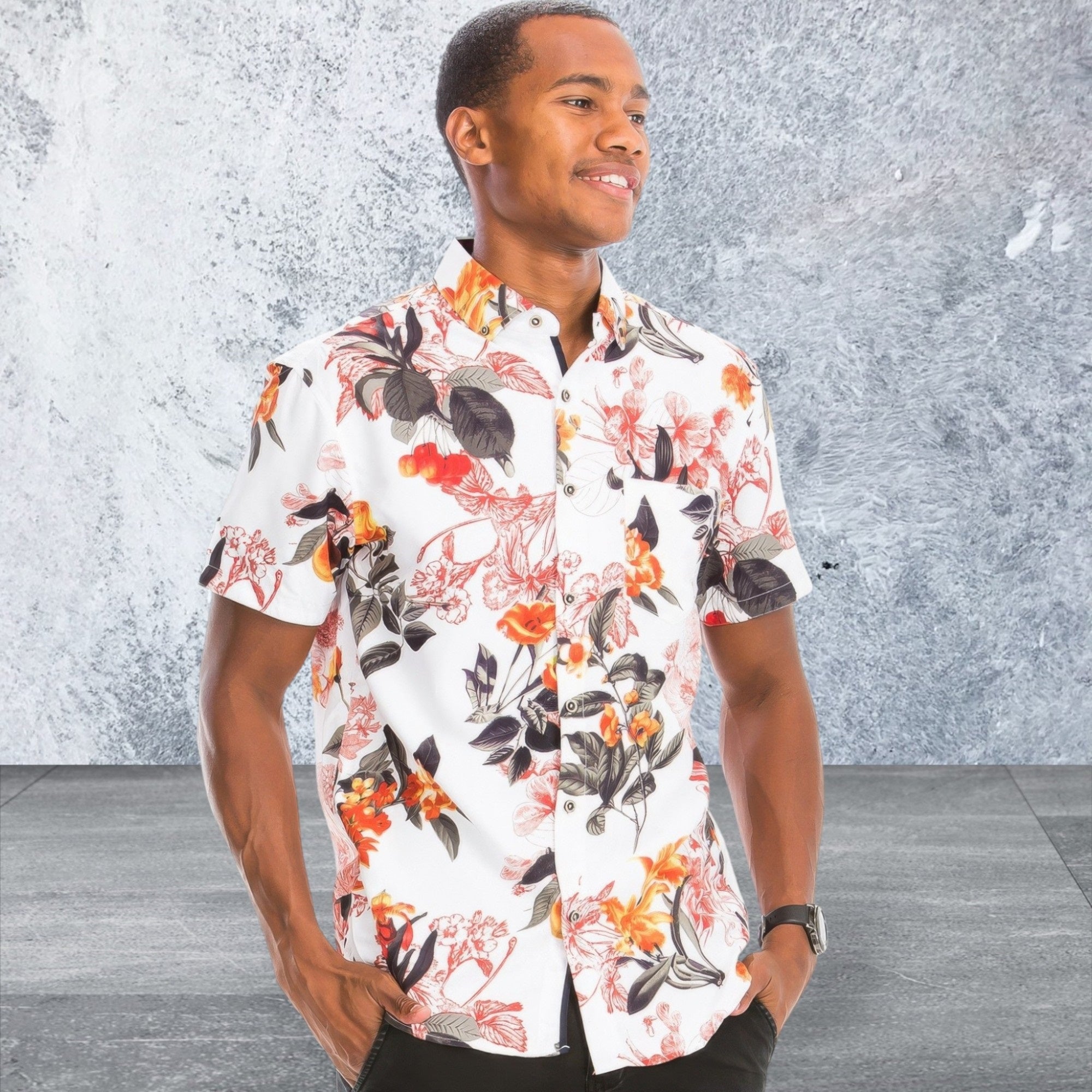 Men's Tropical Print Button Down Short Sleeve Shirt