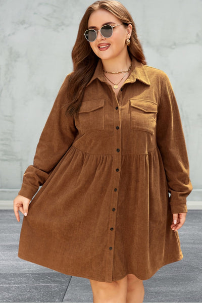 Plus Size Corduroy Full Buttoned Collared Shirt Style Dress