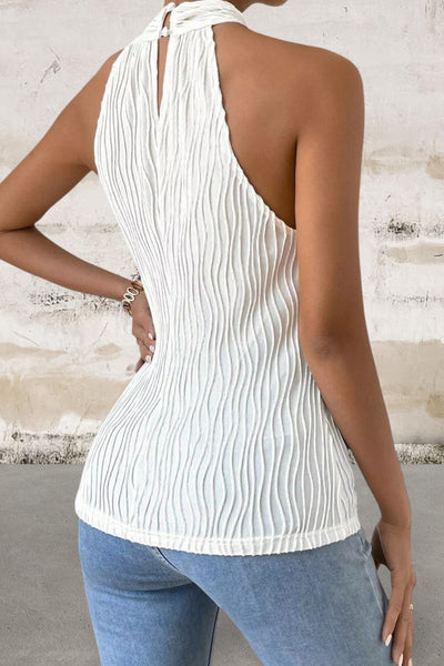 Sleeveless Front Criss Cross Textured Halter Neck Top