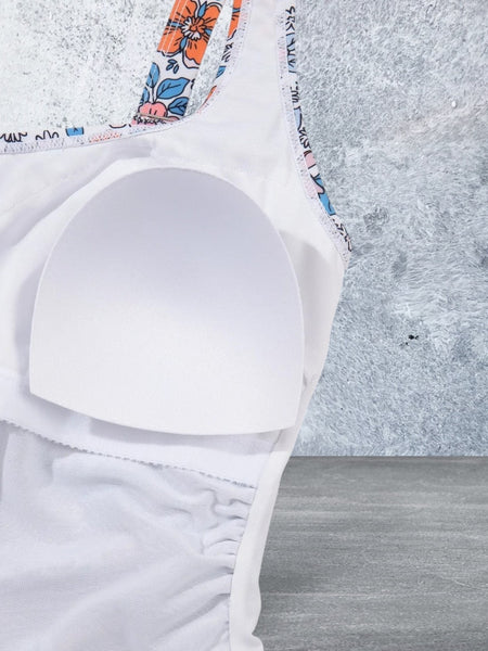 Drawstring Printed Wide Strap Swim Dre