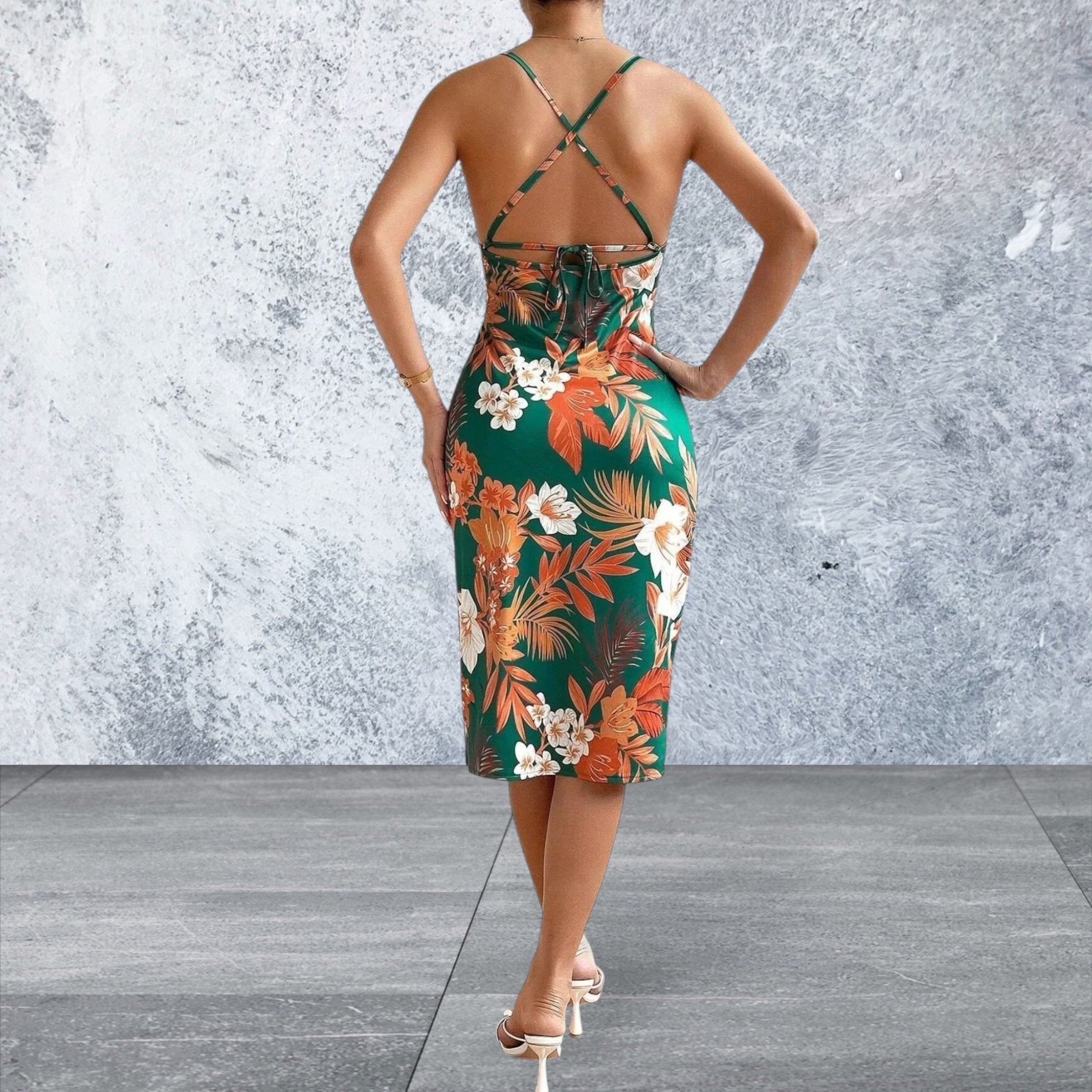 Crisscross Back Floral Print Bodycon Dress