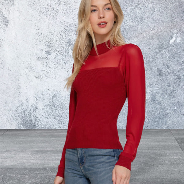 Long Sleeve Mesh Panel Ribbed Detail Top