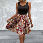 Printed A-Line Tank Dress with Lace Waist Detail
