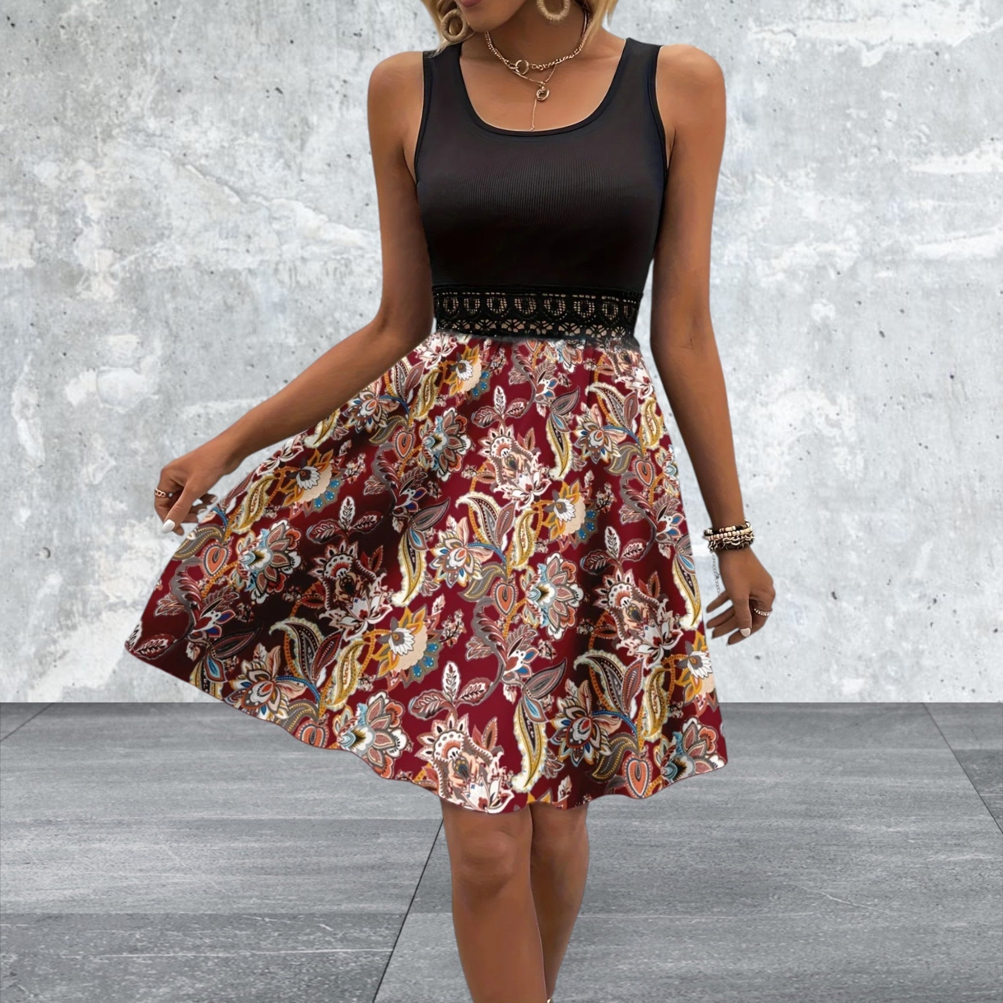 Printed A-Line Tank Dress with Lace Waist Detail