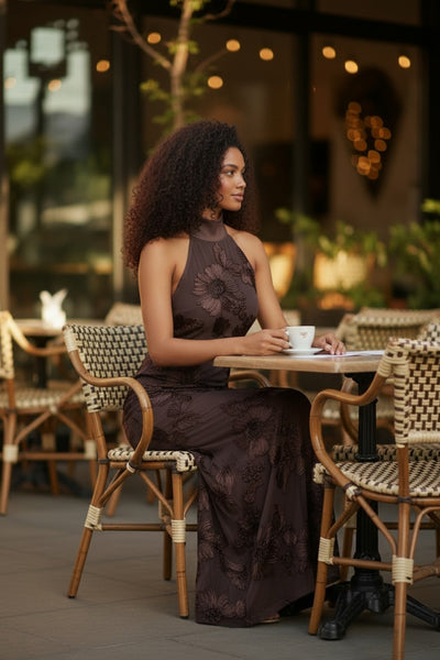 Floral Applique Halter Neck Maxi Dress