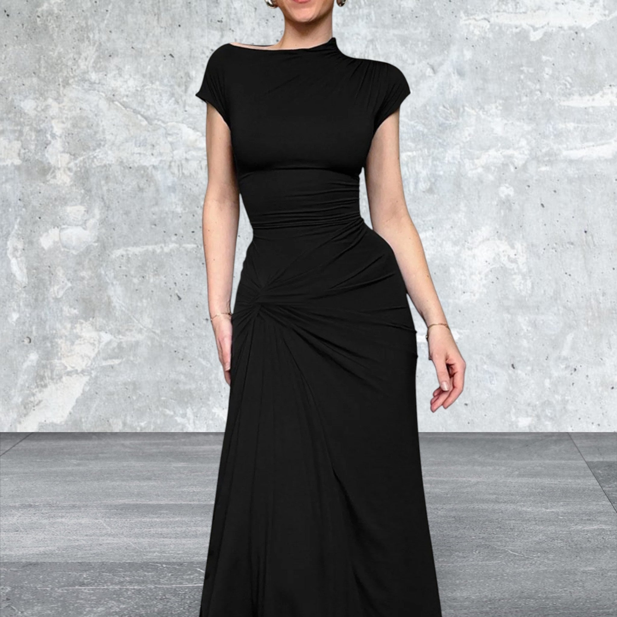 Cap Sleeve Ruched Slit Maxi Dress
