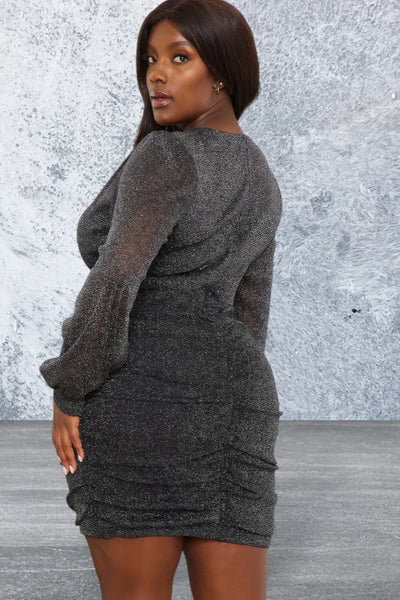 Plus Size Glitter Mesh Shirring Side Mini Dress