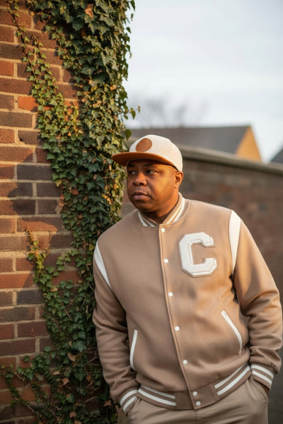 Men's Beige Varsity Button Front Suede Jacket