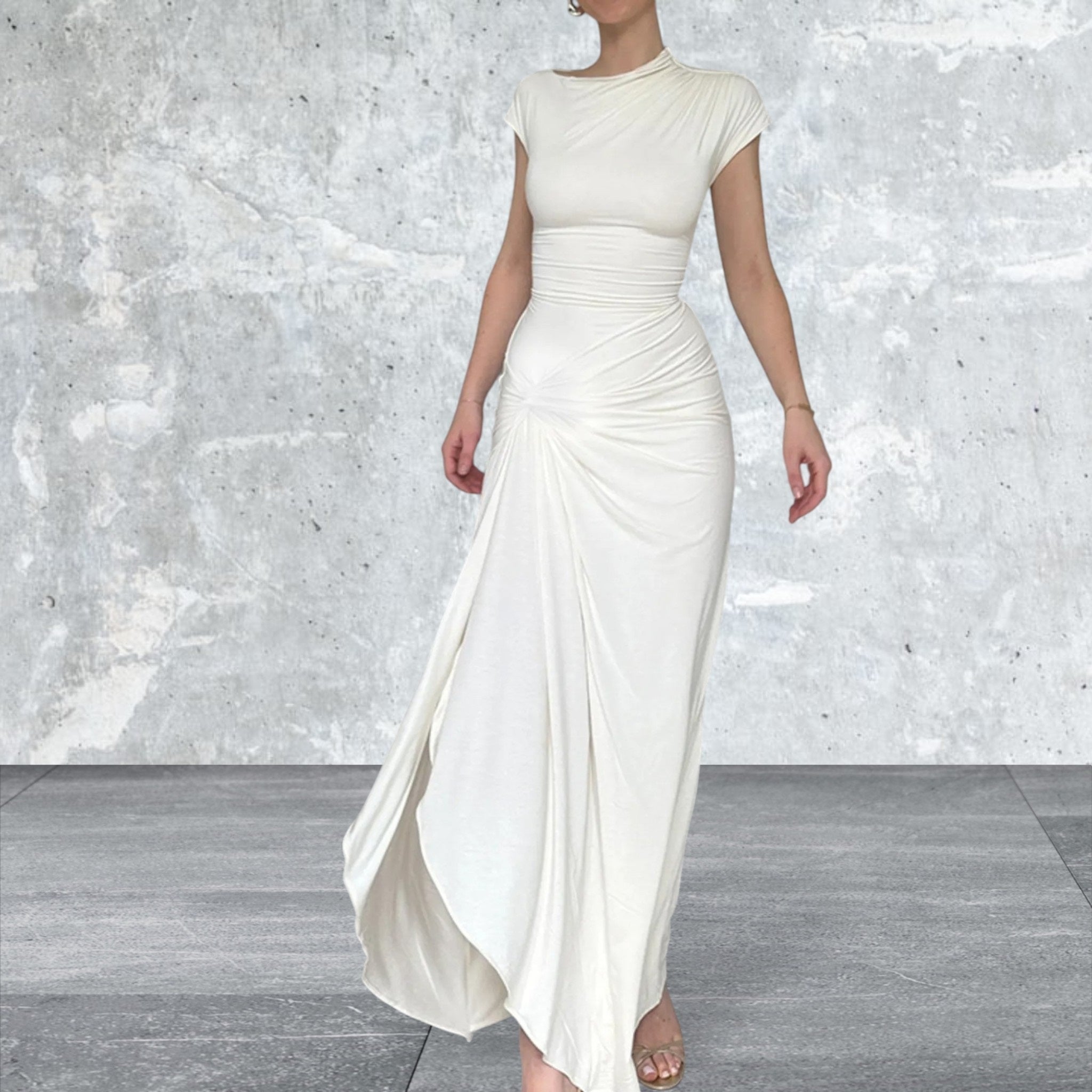 Cap Sleeve Ruched Slit Maxi Dress