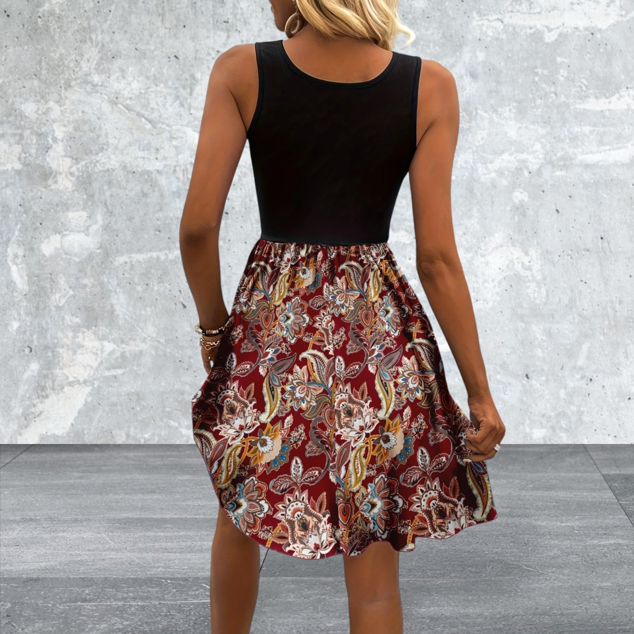 Printed A-Line Tank Dress with Lace Waist Detail