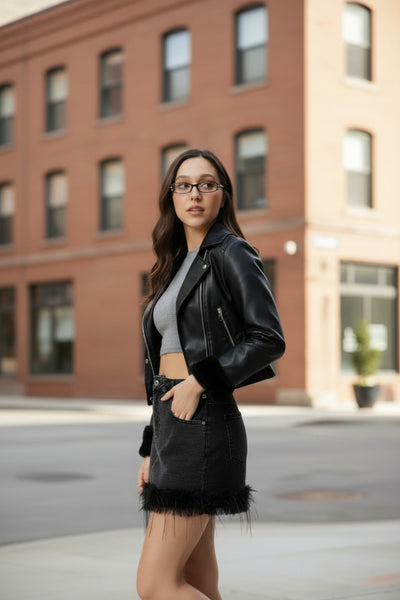 Plush Hem Mini Denim Skirt