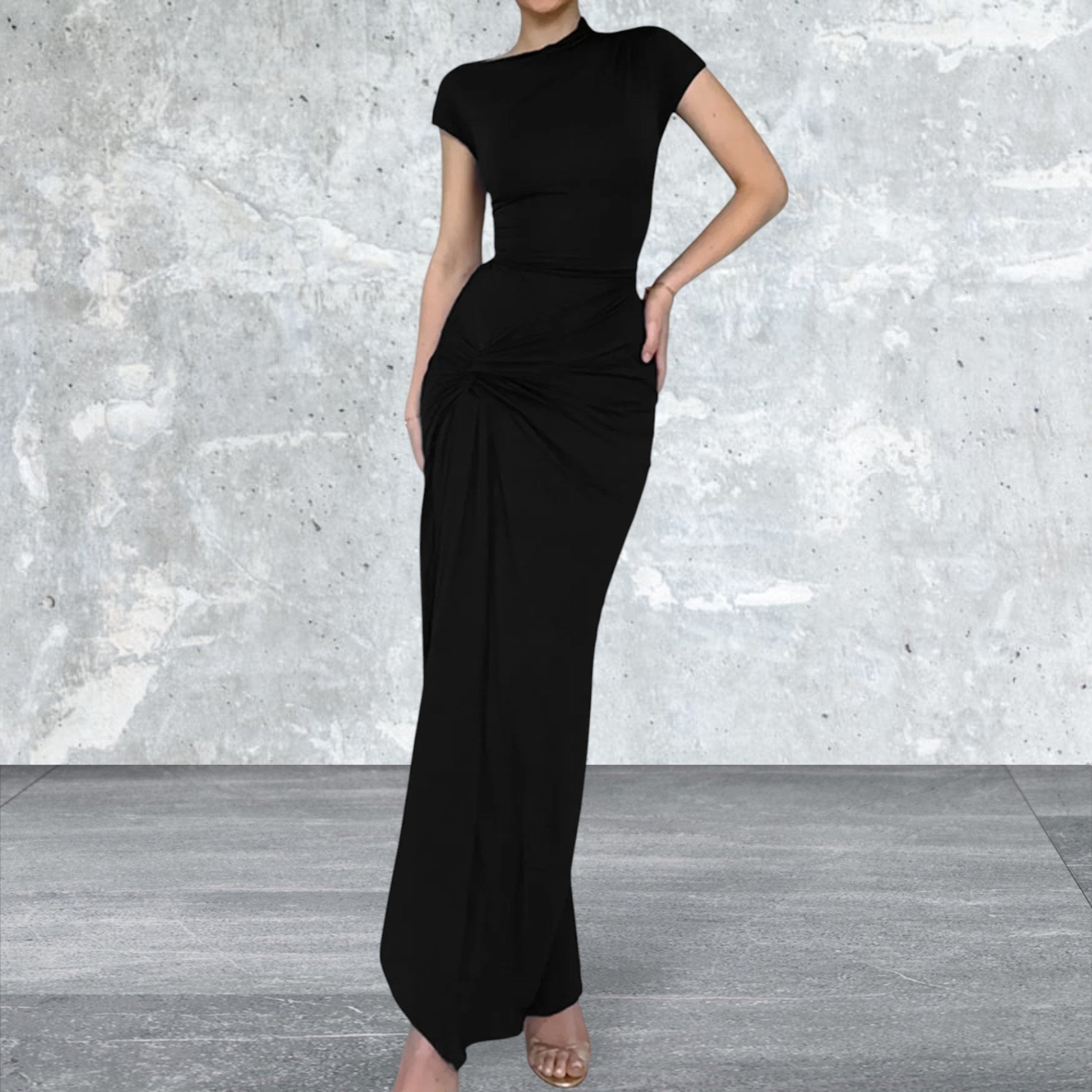 Cap Sleeve Ruched Slit Maxi Dress
