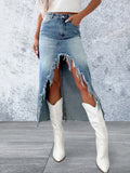 High Waist Raw Hem Asymmetry Denim Skirt