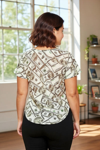 Plus size short sleeve money print mesh top